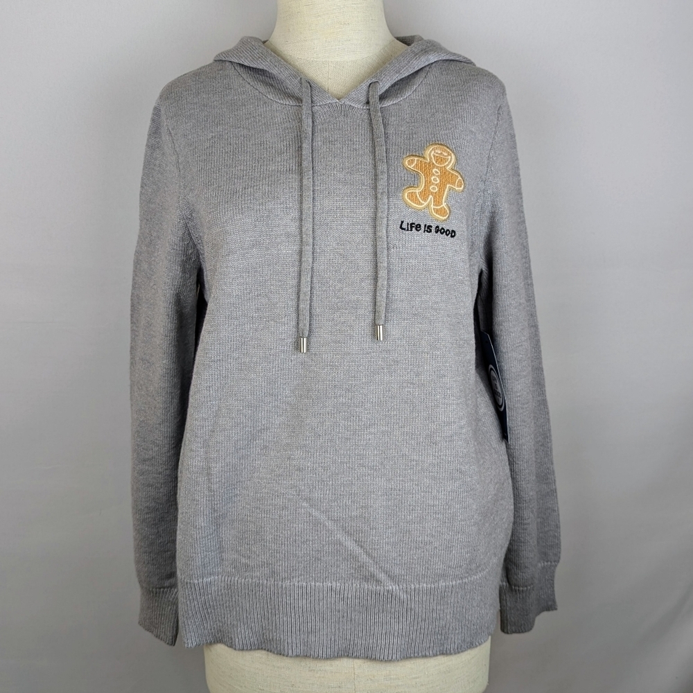 Life Is Good Sweater Hooded Knit Embroidered Gingerbread Man Grey M NWT